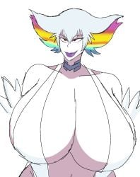 1girls 2d 2d_(artwork) bare_shoulders breasts breasts_bigger_than_head digital_drawing_(artwork) digital_media_(artwork) evil evil_grin evil_smile female hips inner_sideboob kill_la_kill kiryuuin_ragyou large_breasts light-skinned_female light_skin looking_at_viewer milf momiji_(artist) multicolored_hair purple_lipstick smile smiling smiling_at_viewer solo solo_female solo_focus studio_trigger white_background white_clothing white_dress white_hair wide_hips