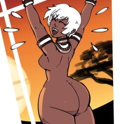 1girls ^_^ armlet arms_up ass back bracelet breasts closed_eyes dark-skinned_female dark_skin edited elena_(street_fighter) female from_behind jewelry kujikawaii naked naked_female neck_ring no_visible_nipples nude nude_edit nude_female open_mouth pandaah_edits short_hair smile solo street_fighter third-party_edit very_dark_skin white_hair