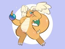 1_horn anthro circle_background dragonite featureless_chest female generation_1_pokemon generation_9_pokemon genitals geometric_background green_eyes head_wings heart_in_mouth horn knee_tuft leg_tuft mega_dragonite mega_evolution ninebuttom nintendo nude nude_anthro nude_female one_eye_closed orange_body pokemon pokemon_(species) pose purple_background raised_arm simple_background solo sparkles tail tuft unusual_wing_placement vulva wings