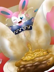 2024 3:4 absurd_res anthro anus anus_focus breasts button_(fastener) clothed clothing diarrhea dish drain_scat dress eeveelution feces feces_in_ass feces_on_plate feces_pile female food_in_feces fur generation_6_pokemon genitals half-closed_eyes heart_symbol hi_res inside lying lying_on_table multicolored_body narrowed_eyes nintendo on_back one_eye_closed open_mouth open_smile partially_clothed pink_body pink_fur pokemon pokemon_(species) pooping_on_plate pussy ribbons_(anatomy) scat smelly smile solo spread_legs spreading sylveon teeth two_tone_body white_body white_fur