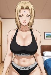 1girls ai_generated bedroom blacked blacked_clothing blonde_hair brown_eyes civitai cleavage facing_viewer grin indoors large_breasts lipstick long_hair looking_at_viewer mature naruto panties solo sports_bra tsunade