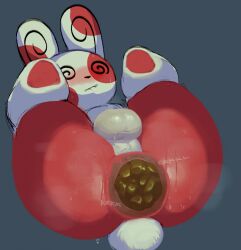 anthro anus ass balls bite biting_lip biting_own_lip blush bodily_fluids crowning_feces feces fur generation_3_pokemon genitals hi_res legs_up lying male markings musk musk_clouds nintendo on_back perineum pokemon pokemon_(species) red_body red_fur scat scatplay scut_tail self_bite short_tail simple_background solo sound_effects spinda spiral_eyes spots spotted_body spotted_fur sweat sweaty_balls sweaty_butt sweaty_genitalia tail text tiosqr white_body white_fur