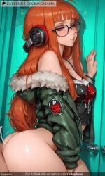 after_sex ai_generated asmutcriminal ass bangs bare_shoulders behind-the-head_headphones bent_over black_camisole blunt_bangs blush bottomless breasts cum cum_in_pussy doggy_style ejaculation female fur-trimmed_coat fur-trimmed_jacket fur_collar fur_trim glasses green_jacket headphones implied_sex jacket long_hair no_panties off_shoulder orange_hair overflow purple_eyes sakura_futaba sex sex_from_behind sex_toy shiny shorts straight sweat tagme