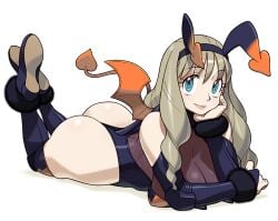 black_bodysuit blue_eyes bodysuit boots copyright_request demon_tail devil_suit elbow_gloves elbow_pads eyebrows_visible_through_hair fur_trim hair_between_eyes hand_on_face horned_hairband horned_headwear horns_hairband ishikawa_hideki large_breasts large_hair long_boots long_hair looking_at_viewer pink_lips pink_lipstick sidelocks smile studio_p-head wings