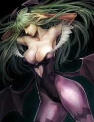 animal_print aqua_background bat_print black_background breasts bridal_gauntlets capcom cleavage darkstalkers female female_focus fingernails from_side gradient_background green_eyes green_hair half-closed_eyes head_wings highres large_breasts long_fingernails long_hair low_wings matching_hair/eyes morrigan_aensland nail_polish pantyhose patterned_legwear print_pantyhose realistic solo tetra_takamine thighs very_long_hair wide_hips wings