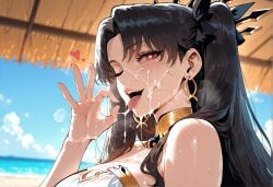 1girls ;d ai_generated armlet bangs bare_shoulders beach black_hair blue_sky blush bow breasts choker clavicle cleavage clothing cloud cum cum_in_mouth cum_on_body curvaceous curvaceous_female curvaceous_figure curvy curvy_figure dark_skin day detached_collar earrings exhibitionism facial fate/grand_order fate_(series) fellatio_gesture female female female_focus female_only hair_ornament hair_ribbon headwear heart heart-shaped_pupils hoop_earrings ishtar_(fate) jewelry large_breasts long_hair looking_at_viewer miyuai nail_polish naughty_face neck_ring necklace nipples nude ocean one_eye_closed open_mouth outdoors outside parted_bangs red_eyes ribbon saliva semen semen_on_body semen_on_breasts semen_on_chest semen_on_upper_body sexually_suggestive sidelocks sky smile solo sweat swimsuit symbol-shaped_pupils teeth tiara tongue tongue_out twintails two_side_up upper_body upper_teeth_only voluptuous voluptuous_female water white_bikini wink
