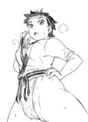 2d female female_focus female_only fundoshi japanese_clothes line_art makoto_(street_fighter) pubes pubic_hair pubic_hair_peek see-through see-through_clothing street_fighter sweat tomboy traditional_clothes tsukudani_(coke-buta)