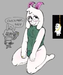 2025 anthro blush bovid bulge caprine clothing crop_top deltarune dialogue digit_ring duo english_text erection eyewear femboy fembunns fembunns_(character) glasses goat gynomorph horn intersex jewelry kneeling lagomorph leporid male mammal nervous one-piece_swimsuit rabbit ralsei ring shirt simple_background sitting swimwear text thick_thighs topwear trans_(lore) trans_woman_(lore) undertale_(series) wedding_ring