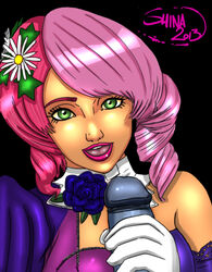 1boy 2013 alisa_bosconovitch android clothed collar female flower gloves green_eyes hair_flower hair_ornament handjob happy human male multicolored_hair namco open_mouth p._jack penis pink_hair prototype_jack robot rose shina smile straight tekken tekken_tag_tournament_2 white_collar white_gloves