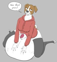 4_fingers animal_genitalia animal_penis anthro balls beagle big_balls biped breasts canid canine canine_genitalia canine_penis canis causationcorrelation claws clothed clothing domestic_dog english_text fingers floppy_ears futa_only futanari genitals grey_background hi_res hoodie huge_balls hunting_dog hyper hyper_balls hyper_genitalia intersex mammal paws penis scent_hound sheath simple_background smug smug_face smug_grin solo tail text topwear vore