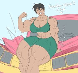 breasts crushing dark_skin female flexing large_breasts modezombie muscular muscular_female tomboy
