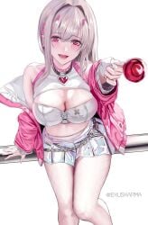 :d bare_shoulders blush breasts candy chains cleavage clothes_writing crop_top ekuskarma feet_out_of_frame female fingerless_gloves fishnet_pantyhose fishnets food gloves goddess_of_victory:_nikke grey_hair hair_intakes highres holding holding_candy holding_food holding_lollipop holographic_clothing horns jacket large_breasts lollipop long_hair looking_at_viewer mole mole_under_eye nail_polish off_shoulder open_mouth pantyhose pink_eyes pink_horns pink_jacket pleated_skirt sidelocks sitting skirt smile solo twitter_username two-sided_fabric two-sided_jacket viper_(nikke) white_gloves white_jacket white_nails zipper zipper_pull_tab