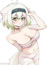 1girls ahoge animal_ears arm_up bandage bandages big_breasts blush breasts clothing curvy female female_only ferret_girl flamexart green_eyes green_highlights hairband indie_virtual_youtuber laimu looking_at_viewer monster_hunter nail_polish nargacuga_(armor) necklace sarashi short_hair solo standing tail thighs tooth_necklace underwear virtual_youtuber vtuber white_hair wraps