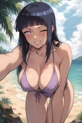 ai_generated beach bending_forward bending_over big_breasts bikini black_hair breasts cameltoe dark_hair daytime faprunner78 fringe hanging_breasts huge_breasts hyuuga_hinata long_hair naruto natural_breasts outdoors purple_bikini purple_eyes selfie smiling sunny thighs winking_at_viewer