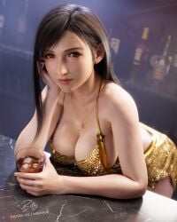 1girls alcohol alcoholic_drink bar bartender big_breasts billyhhyb black_hair breasts club covered_breasts covered_nipples drink eyeliner female female_only final_fantasy final_fantasy_vii final_fantasy_vii_rebirth final_fantasy_vii_remake fit fit_female golden_dress ice_cube indoors lipstick long_hair looking_at_viewer necklace no_bra no_earrings no_visible_nipples red_eyes side_boob solo solo_female solo_focus square_enix tifa_lockhart