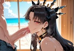 1boy 1girls ai_generated bangs bare_shoulders beach black_hair blue_sky blush bow breasts choker clothing cloud crown cum cum_in_mouth curvaceous curvaceous_female curvaceous_figure curvy curvy_figure dark_skin day detached_collar earrings erection exhibitionism facial fate/grand_order fate_(series) fellatio female female female_focus hair_ornament hair_ribbon hairbow headwear hoop_earrings indoors ishtar_(fate) jewelry large_breasts large_penis long_hair looking_at_viewer looking_to_the_side male miyuai neck_ring nipples nude ocean oral outdoors outside parted_bangs penis red_eyes ribbon saliva sand semen sex sidelocks sky solo_focus straight sweat swimsuit testicles tiara tongue tongue_out twintails two_side_up veins veiny_penis voluptuous voluptuous_female water