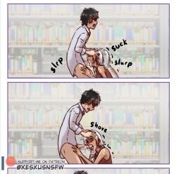 2boys blowjob cum dark_skin femboy library male silver_hair xesxus