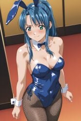 ai_generated barabove_focus blue_bunnysuit blue_eyes blue_hair blue_latex blush bunny_ears bunny_girl bunnysuit discipline:record_of_a_crusade fishnet_pantyhose latex latex_bunnysuit otokawa_saori playboy_bunny tagme