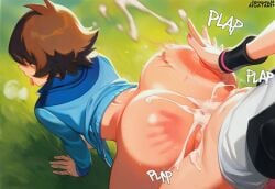 1futa ai_generated aigatari blue_eyes brown_hair curvy female field futa_on_male futanari grass hilda_(pokemon) medium_breasts nsfw outdoors penetrating_male penetration pokemon pokemon_bw sex sky smug sweat wide_hips