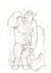 anthro anthro_pred armpit_hair ass balls black_and_white bodily_fluids body_hair bovid bovine chest_hair duo erection european_mythology extreme_size_difference feet genital_fluids genitals greek_mythology hair head_first holding_prey hooves horn human human_prey humanoid_genitalia humanoid_penis jeri_kleinlowe larger_pred macro male male/male mammal minotaur monochrome muscular mythology navel nipples nude_pred nude_prey open_mouth partially_inside penis precum size_difference standing stone_wall tail tongue tongue_wrapped vore wall_(structure) weapon willing_pred
