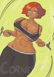 dark_skin exercise giovanna_(guilty_gear) gym_clothes jump_rope large_breasts muscular_female sweat