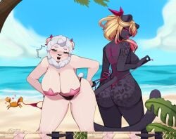 animal_ears animal_tail beach big_ass big_breasts big_breasts big_butt big_nipples big_thighs big_titties bikini black_fur curvaceous curvaceous_female curvaceous_figure curvy curvy_figure curvy_hips feline female female_focus female_only furry furry_female furry_only looking_at_viewer mmaikory nipples nipples_covered original original_character sheep sheep_girl short_hair tattoo white_fur yellow_hair