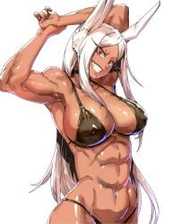 1girls abs arms_above_head arms_behind_head bikini boku_no_hero_academia bunny_ears dark-skinned_female dark_skin female long_hair minew miruko muscular my_hero_academia nipple_bulge red_eyes rumi_usagiyama shiny shiny_skin simple_background smile smirk smirking solo solo_female solo_focus white_background white_hair