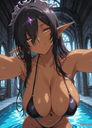 ai_assisted ai_generated anime anime_style big_breasts bikini black_hair crown dark-skinned_female earrings gem hazel_eyes hentai in_pool kuroinu looking_at_viewer olga_discordia pointy_ears pool seductive seductive_eyes seductive_look seductive_smile wide_hips