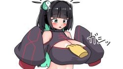 1boy 1girls bare_shoulders black_bra black_hair black_shirt bra breasts chinese_clothes def_atsu detached_sleeves disembodied_hand gigantic_breasts green_eyes green_hair hair_ornament headphones long_sleeves open_mouth shirt simple_background sleeves_past_fingers sleeves_past_wrists solo_focus tabane_roze twintails two-tone_hair utau white_background ying_yang