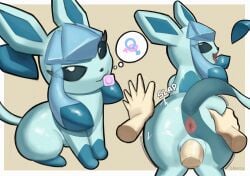 ass butt_grab butt_slap condom condom_in_mouth drakkie duo eeveelution female feral floating_hands gender_symbol gender_symbol_penetration generation_4_pokemon glaceon hand_on_butt hi_res looking_pleasured male male/female mouth_hold nintendo object_in_mouth onomatopoeia pokemon pokemon_(species) sexual_barrier_device simple_background slap sound_effects symbol text