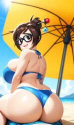 ai_generated beach bikini brown_eyes brown_hair fat_ass hair_ornament huge_breasts lap_sitting looking_back mei_(overwatch) overwatch sitting_on_lap surprised