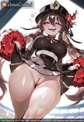 ai_generated asmutcriminal bangs blush breasts breath brown_hair cheerleader clothes_lift fangs female flower hair_between_eyes hat hat_flower heart heart-shaped_pupils holding hu_tao_(genshin_impact) lifted_by_self long_hair looking_at_viewer medium_breasts no_panties open_mouth pom_pom_(cheerleading) red_eyes skirt skirt_lift smile solo sweat symbol-shaped_pupils tagme thighs twintails very_long_hair