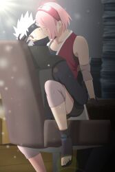 1boy 1girls age_difference female hatake_kakashi hokage_office human implied_sex indoors kakashi_hatake kissing kissing male male/female mask mask_partially_removed naruto naruto:_the_last naruto_(series) naruto_shippuden office office_chair older_male_and_younger_female on_lap optimystic pink_hair sakura_haruno sitting sitting_on_lap straddling straight teacher_and_student unmasked younger_female