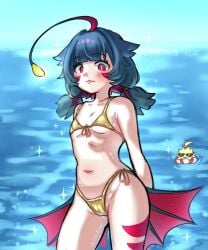 1girls anglerfish anglerfish_humanoid arms_behind_back bare_arms bare_midriff bare_thighs beach bikini blue_hair blush blush_lines female_only fins float_ring golden_bikini hair_tie hair_tied indie_virtual_youtuber inislein_(artist) kitanya_is_here looking_at_viewer lure_(anatomy) max_(kitanya_mascot) red_eyes red_highlights sea seaside small_breasts virtual_youtuber vtuber vtuberfanart