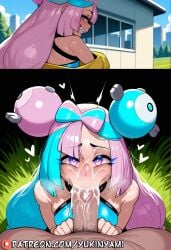 1boy 1girls 2koma ai ai_generated bedroom_eyes big_breasts big_dick big_penis blowjob blush breasts clothing english eyes female feminine feminine_body feminine_pose heart huge_breasts huge_cock iono_(pokemon) large_breasts large_dick large_penis long_hair male navel nipples open_mouth patreon patreon_username penis pokemon pokemon_sv pussy pussy_lips sexy slender straight sucking sucking_penis sweat teeth text thick_thighs thighhighs thighs tongue tongue_out uncensored wet yukinyami