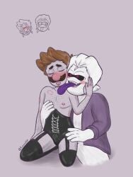 2boys arm_hair bite_marks black_corset black_legwear blush body_hair boner boo_(mario) brown_hair closed_eyes corset duo erection facial_hair femboy gay ghost humanoid humanoid_on_humanoid interspecies jacket king king_boo kirara160 leg_hair legwear lipstick looking_at_another luigi luigi's_mansion male male/male male_nipples mammal mammal_humanoid mario_(series) mature mature_male moustache nintendo nipples open_mouth purple_eyes purple_jacket purple_tongue royalty sharp_teeth tongue tongue_out white_body