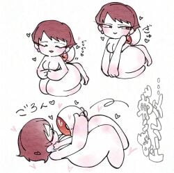 1boy 1girls ambiguous_penetration auburn_hair big_ass blush canon_couple completely_nude embrace eyeball_head female gegege_no_kitarou heart hug husband_and_wife implied_sex iwako_(gegege_no_kitarou) kitarou_tanjou_gegege_no_nazo machiyaenisi male married_couple medama_oyaji milf miniboy minigirl no_visible_genitalia nude on_back red_lipstick short_hair shortstack smile thick_thighs very_short_hair wholesome wide_hips youkai