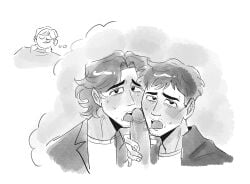3boys black_and_white blowjob blowjob_only blowjob_sandwich blush chibi circumcised doodle dreaming drool_string drooling facial_hair fantasizing hand_on_penis handjob handjob_while_sucking hwang_in-ho jacket licking_penis long_hair looking_at_viewer looking_up looking_up_at_partner male/male male/male/male male_focus male_only pov_blowjob pov_eye_contact saliva saliva_on_penis selfcest seong_gi-hun shirt short_hair squid_game sweatdrop sweating tealdr0p thought_bubble tongue_on_penis twins two_on_one wet_dream yaoi