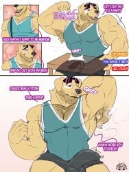 absurd_res anthro armpit_hair balls body_hair bulge canid canine canis chest_hair chin_piercing clothing comic detailed_bulge domestic_dog english_text erection erection_under_clothing eyewear facial_hair facial_piercing genital_outline genitals growth hi_res himbofication male mammal muscular muscular_arms muscular_male musk musk_clouds nipples nose_piercing outfit_change pecs penis_outline personality_change piercing roy_(ruxvel) ruxvel smile solo sunglasses text transformation transformation_sequence
