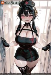 ai_generated asmutcriminal bangs black_gloves black_hair black_legwear blush breasts choker cleavage collarbone dress earrings eyebrows_visible_through_hair female gloves hair_between_eyes hair_ornament hat holding indoors jewelry large_breasts long_hair looking_at_viewer mole mole_on_breast nurse_cap open_mouth red_eyes skindentation smile solo tagme thick_thighs thighhighs thighs window