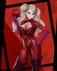 blue_eyes bodysuit boots breasts brown_boots cleavage closed_mouth contrapposto ekuskarma female floating_hair gloves hand_on_own_hip highres holding holding_mask large_breasts long_hair looking_at_viewer mask parted_bangs persona persona_5 purple_gloves red_background red_bodysuit signature silver_hair smile solo standing takamaki_anne thigh_boots thighhighs twintails very_long_hair zipper