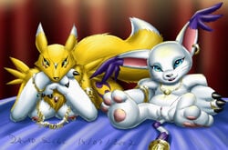 2007 blue_eyes breasts canine clitoris couple david_siegl digimon female fox gatomon lying necklace on_front piercing plain_background pussy reclining red_background renamon sitting tattoo toe_ring