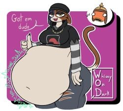 anthro belly big_belly breasts female female_pred fishstick_(fortnite) fortnite fortnite:_battle_royale furry furry_female huge_belly meow_skulls_(fortnite) onomatopoeia pred vore vore_belly weight_gain whizzy