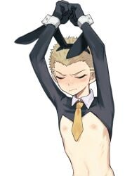blush bunnysuit casssstle12 danganronpa danganronpa_2:_goodbye_despair embarrassed fuyuhiko_kuzuryuu hands_above_head male male_focus male_only nipples reverse_bunnysuit solo solo_focus solo_male