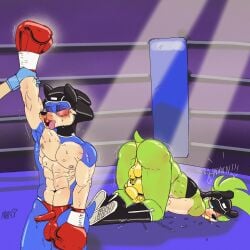 1:1 2025 accessory afrosoricid anthro ass ballboxing black_eye_(injury) blood bodily_fluids boxing boxing_gloves bruised clothing cock_sheath countershade_face countershading digital_media_(artwork) duo erection erection_under_clothing eulipotyphlan fellowthewulf female fight fighting_ring genital_fluids genital_outline genitals gynomorph gynomorph/male hair hair_accessory hair_tie handwear headgear hedgehog hi_res idw_publishing intersex intersex/male leather leather_clothing leather_headgear male male/female mammal penis_clothing precum sega sonic_the_hedgehog sonic_the_hedgehog_(comics) sonic_the_hedgehog_(idw) sonic_the_hedgehog_(series) sport surge_the_tenrec tenrec thong tied_hair topwear tube_top underwear