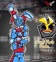 1boy1girl animatronic bunny chicken drooling dz4114 erect erect_penis erection nervous penis robot toy_bonnie_(fnaf) toy_chica_(fnaf)