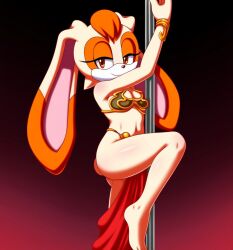 ai_generated crossover crossover_cosplay half-closed_eyes long_ears milf pole_dancing seductive_smile sega slave_leia_(cosplay) sonic_the_hedgehog_(series) star_wars stripper_pole vanilla_the_rabbit