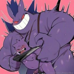 ai_generated big_dom_small_sub brothers clothes_pull cum ejaculation evil_grin forced forced_anal gay gay_anal gay_domination gay_incest gay_sex gengar holding_partner orgasm_face pokemon pokemon_(species) pokephilia tongue_out