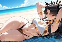 1girls ai_generated armlet armpits arms_behind_head arms_up bangs bare_shoulders beach bikini black_bikini black_hair black_ribbon black_swimsuit blue_sky blush breasts clavicle cleavage clothing cloud curvaceous curvaceous_female curvaceous_figure curvy curvy_figure day detached_collar earrings exhibitionism fate/grand_order fate_(series) female female female_focus female_only food food_in_mouth gold_trim hair_ornament hair_ribbon headwear highleg_bikini hoop_earrings inviting inviting_to_sex ishtar_(fate) jewelry large_breasts long_hair looking_at_viewer lying medium_breasts mismatched_bikini miyuai mouth_hold navel neck_ring ocean on_back on_side outdoors outside parted_bangs popsicle popsicle_in_mouth presenting presenting_ass presenting_breasts presenting_hindquarters presenting_self red_eyes ribbon sand seductive seductive_look seductive_smile sidelocks single_detached_sleeve sky solo stomach sweat swimsuit thighs tiara twintails two_side_up voluptuous voluptuous_female water wet white_bikini