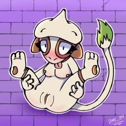 anthro ass blush breasts canid canine canine_ears dan_34 embarrassed eyeliner female generation_2_pokemon genitals gradient_background hi_res holding_both_legs holding_leg line_art looking_at_viewer makeup mammal nintendo pattern_background pokemon pokemon_(species) purple_background pussy relaxed_expression simple_background smeargle solo spread_legs spread_pussy spreading tail tan_body tan_skin tongue tongue_out